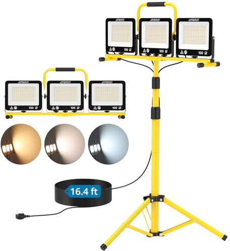 AUTOUTLET Faretto da Cantiere con Treppiede Allungabile,3x 100W 27000LM Faro Led Ricaricabile con 3 Temperature Colore e Cavo di Alimentazione da 5 M,IP66 Impermeabile,per Garage Officina e Esterno