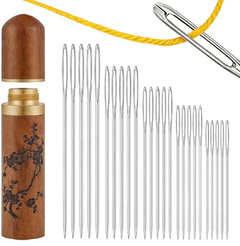 25 Pcs Stainless Steel Large Eye Hand Sewing Needles with Exquisite Sandalwood Case with Plum Blossom Pattern,Embroidery-Needles,5 Size Sewing Needles for Hand Sewing, Embroidery & Crafting