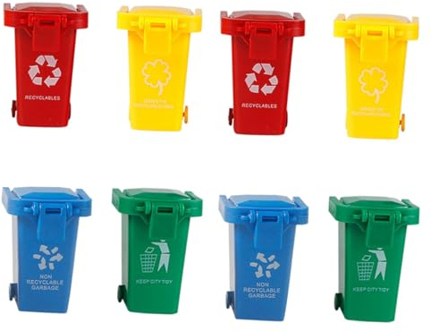 ifundom Lot de 8 Mini Poubelles Jouets en Plastique Couvercle à Bascule et Roues, Poubelles à Pousser pour Garçon et Filles, Éducatif de Tri des Déchets, Éveil et Jeu Créatif