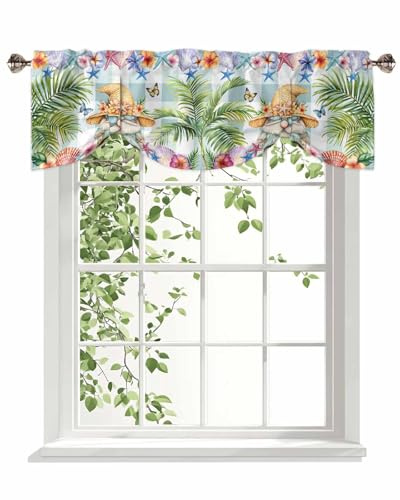 Tie Up Curtain Valances for Windows, Tropical Dwarf Palm Tree Window Valance Adjustable Tie-up Shade Valance 54x18in, Gnomes Sea Star on Green Plaid Rod Pocket Short Curtains for Bedroom Bathroom