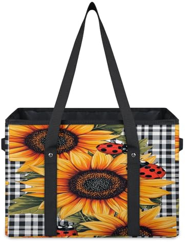 TropicalLife Ladybugs Sunflower Reusable Grocery Bags Large Grocery Tote Bag with Handles Foldable Shopping Bags Storage Bins Basket