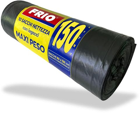 FRIO Lot de 10 grands Sacs poubelles 80 x120 cm, multicouches, résistants, 150 litres, sacs poubelles de copropriété, pour collecte sélective des déchets, avec attaches, Couleur Noir.