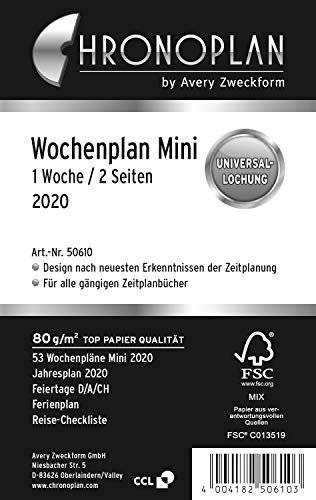 Chronoplan 50610 Kalendereinlage 2020 (Wochenplan Mini in Zeilen (79 x 125 mm), Ersatzkalendarium, ideal für detaillierte Wochenplanung, Universallochung (1 Woche auf 2 Seiten)) weiß