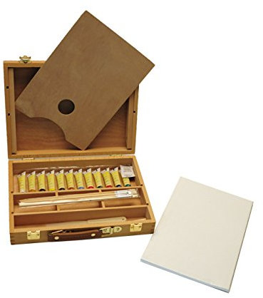 Artme Caja-Caballete de Madera Premium Set de 23 Piezas – Caballete de mesa 32x24cm/ 3 paneles de lienz / 12 pinturas de acrílico/ 4 pinceles/lápiz/Cuchillo de paleta de plástico/paleta
