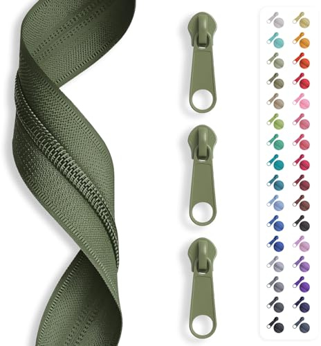 5 m zip endless, spiral 3 mm + 15 sliders/zip, 32 colours, sold by the metre. olive
