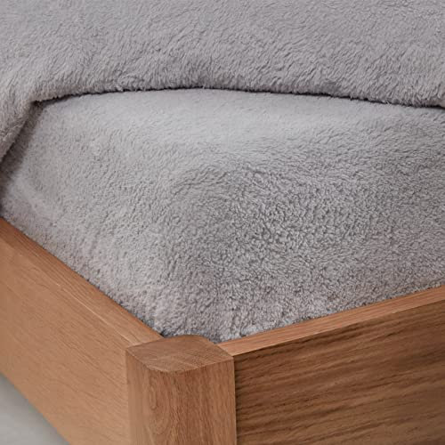 Brentfords Teddy Fleece Fitted Bed Sheet Plain Thermal Warm Soft Luxury Sherpa Bedding, Grey Silver - Single
