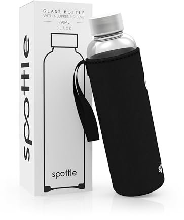spottle glass water bottle 1 litre with neoprene sleeve - borosilicate drinking bottle 500ml, 750ml, 1l with lid - water bottle glass for kids and adults - dishwasher safe