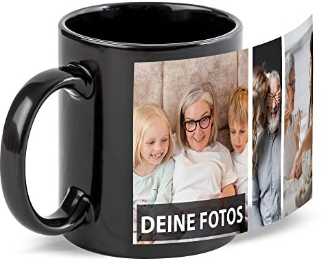 Tassendruck Schwarze Tasse zum selbst gestalten mit Foto-Collage für 3 Wunschfotos - Geschenk für Freunde zum Geburtstag, Weihnachten - Keramik, 300 ml | Personalisiertes Geschenk