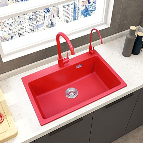 Red Granite Kitchen Sink Single ​Bowl ​ Built-in Undercounter Wash Basin Household Quartz Stone Bar Sink for Kitchen Bathroom Cloakroom Balcony Laundry(C,68x46cm)