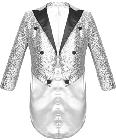 YOOJIA Boys Classic Tuxedo Shiny Sequin Blazer Tailcoat Swallowtail Long Sleeve Suit Jacket Stage Performance Costume Silver 14 Years