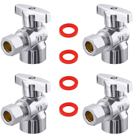 Minimprover 4 Pack Premium Brass Chrome plated 1/2 FIP Female Thread x 3/8 Inch OD Compression Quarter Turn Water Angle Stop Valve Shut Off