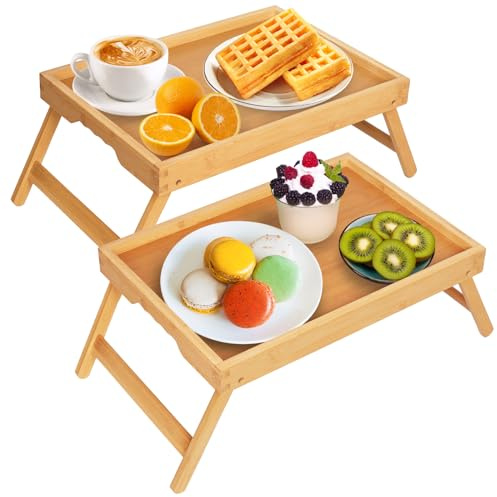 Artmeer Bed Tray Table with Folding Legs,Bamboo Breakfast in Bed for TV Table, Laptop Computer Tray,Eating,Snack Tray Beige 2 Pack(Beige)