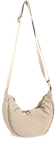 Nylon Crescent Crossbody Bag for Women Purses Trendy Men,Small Travel Sling Bag Hobo,Lightweight Fanny Pack with Zipper Adjustable Strap,Round Soft Shoulder Pouch Bag for Everyday Use Sport(Beige)