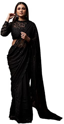 Satrani Damen Georgette Sequenz Stickerei Sari mit ungenähtem Blusenstück, Schwarz1, Einheitsgröße