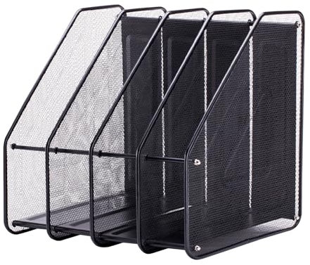 Portariviste Scrivania, Portariviste in Metallo con 4 Scomparti in Rete Organizzatore da Tavolo a Rete Metallo Porta Riviste in Rete per Documenti e Libri di Carta Rack di Archiviazione File (Nero)