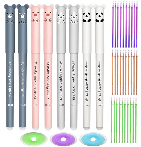 SWoob 0.35mm Animal Erasable Pen with 24 Refills - Kawaii Cute Friction Blue Black Writing Set with 2 Erasers for Office, Home, School & Student Stationery