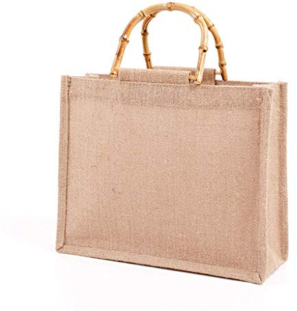 COSSIKA Shopping handbag Portable Burlap Shopping Bag Handbag Bamboo Loop Handles