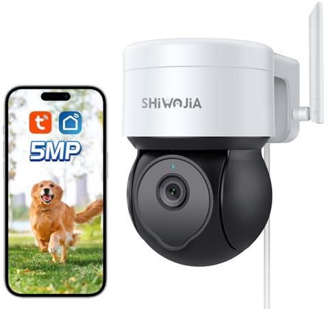 SHIWOJIA TUYA - Cámara de vigilancia WiFi exterior, Smart Life 5MP cámara exterior, detector de movimiento, 355° 90°visión nocturna, audio bidireccional impermeable IP65