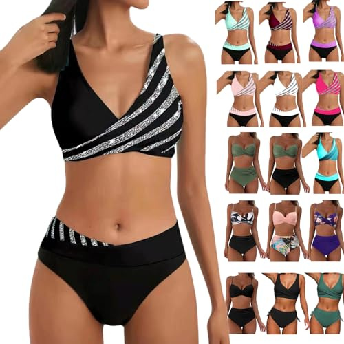 BIEDONGDA Maillots de Bain Femme 2 Pièces Taille Haute Vintage Bikini Set Push Up Col V Chic et Élégant Froncé Torsadé Ensemble Deux Pièces Tankini Beachwear Swimsuit Été