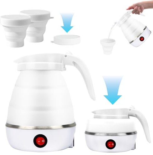Wasserkocher Faltbar, 600ml Camping FaltWasserkocher,mit 2 Faltbecher, Tragbares Mini Reisewasserkocher für Camping, Reisen, Urlaub