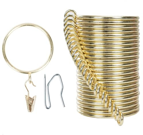 Lot complet de 24 anneaux de rideaux et crochets de 50 mm de diamètre intérieur avec anneaux de tringle, crochets et clips pour deux rideaux standard Doré TXZWJZ