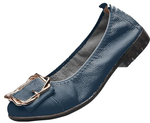 ANUFER Mujeres Piel Genuina Bailarinas Moda Hebilla de Metal Suave Plano Bombas Zapatos Azul Marino SN070535 EU40