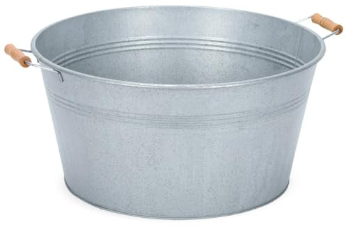 Grand bac en zinc avec poignées en bois, 50 x 25 cm, résistant aux intempéries, pour l'extérieur, bac de jardin, bac à plantes, en métal, avec anse, idéal comme fontaine, fontaine solaire, mini étang