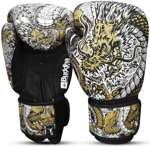BUDDHA FIGHT WEAR Weiße Dragon-Boxhandschuhe, entworfen für Training und Sparring in Muay Thai Kickboxen Fitness - Männer und Frauen - 300 ml