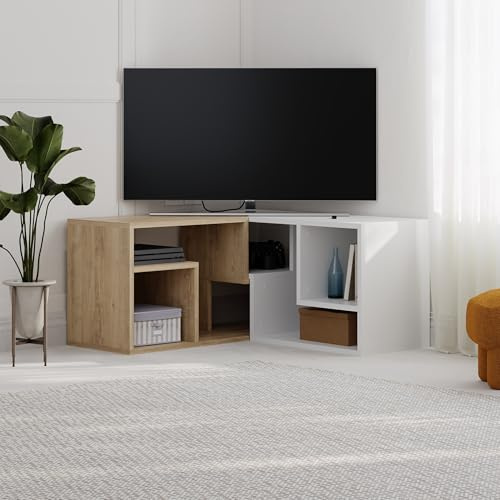 HOCUS PICUS Modern Corner & Flat TV Unit Versatile Design TV Table up to 43 Inches Free Combination Media Entertainment Center for Home Office Storage Shelf Unit for Living Room (Oak, White)
