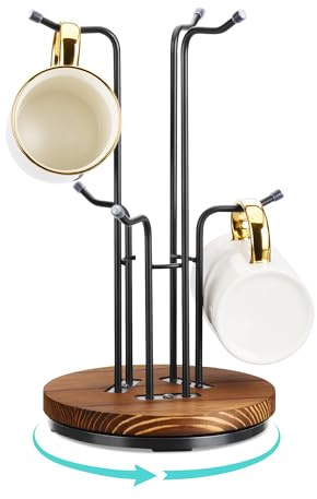 HULISEN 360° Rotating Mug Tree for Large Cups, Counter Coffee Mug Holder with 6 Hooks, Metal Coffee Cup Rack Stand for Countertop with Stable Wooden Base, Kitchen Counter Decor