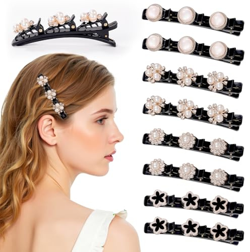 JSRQT 8 Pièces Pinces à Cheveux Tressées en Perles, Épingles à Cheveux Bec de Canard Françaises pour Femmes Filles, Pince à Frange Double Couche avec 3 Mini Barrettes à Cheveux, 4 Styles