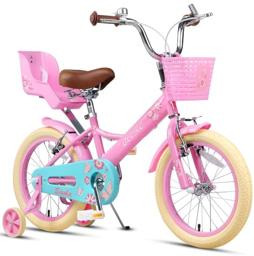 Glerc Barncykel för flickor 4 5 6 7 8 år med stödhjul, sittplats för dockor och korg, rosa