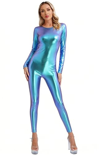 Riismen Donna Metallic Body da Ginnastica Manica Lunga Tuta Intera Aderente Stretch Tuta Wetlook Body Rave Party Danza Unitard Jumpsuit Costume Carnevale Blu L