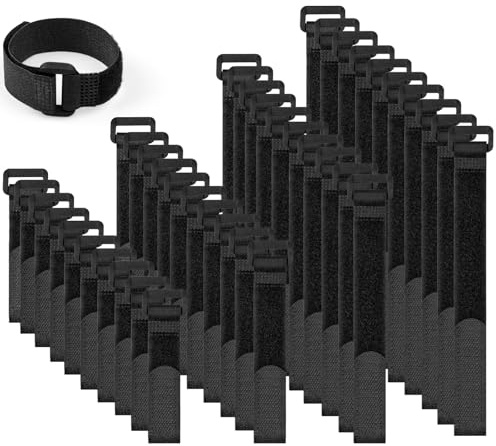 40 pezzi Fascette Cavi, 4 Diverse Lunghezze 300 mm/250 mm/200 mm/150 mm Fascette Riutilizzabili Nylon Nero Regolabili con Gancio e Anello, Fascette per Cavi, Cable Management, Organizer