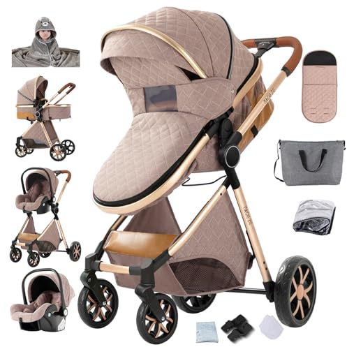 Aveainelle Cochecito 3 en 1, CochIT de Viaje Reclinable y Reversible, Carricoche Carro 3 Piezas Plegable con Un Solo Clic, Carrito con AccITorios Completos y Frenos DoblIT (V9 Khaki+Toalla de baño)