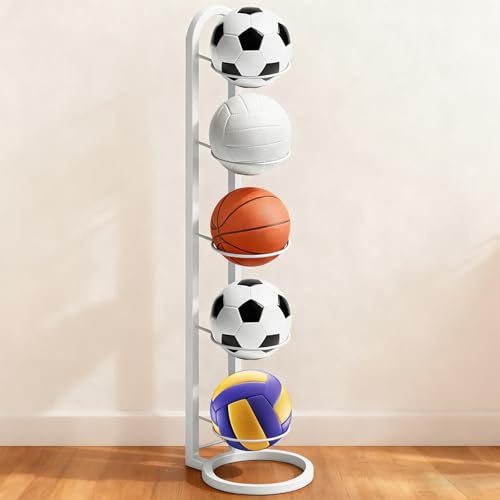 SZHUGEKI 5 Strati Porta Palloni, Rastrelliera per Palloni Verticale, Scaffale di Stoccaggio della Palla, Porta Pallone da Calcio Adatto per Palloni da Basket, Pallavolo e Calcio, Bianco (Bianco)
