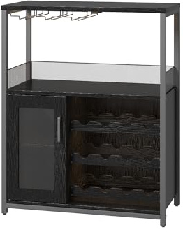 Aptliton Industrial Wine Rack Cabinet with Glass Holder, Rustic Bar Cabinet with Storage Door, Adjustable Shelves & Feet, Metal Frame Wine Storage Sideboard for Living Room Kitchen