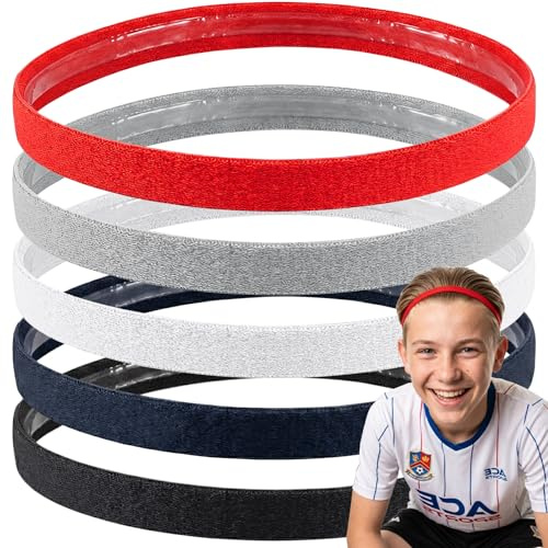 Awumbuk Fascia Capelli Sport Bambini, 5 Fasce Elastica Antiscivolo Ragazzi Ragazze Fasce per Capelli di Vari Colori Strette Headband per calcio, Basket, Jogging, Tennis, Yoga, Ballare (rosso)