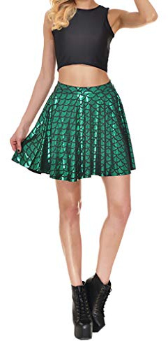 LinvMe Women Mermaid Fish Scale Pleated Flared Mini Skirts Green XL