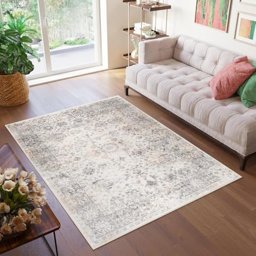 TAPISO Valley Alfombra de Pelo Corto Brillante Suave Diseño Clásico Vintage Tradicional Beige Gris Crema Alfombra de Salón Dormitorio Habitación Oeko-Tex 80 x 150 cm