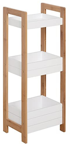 HOMCOM Mobiletto Bagno Multiuso, Scaffale da Bagno a 3 Ripiani Compatto in Legno MDF e Bambù, Bianco, 27.5x20.8x74cm
