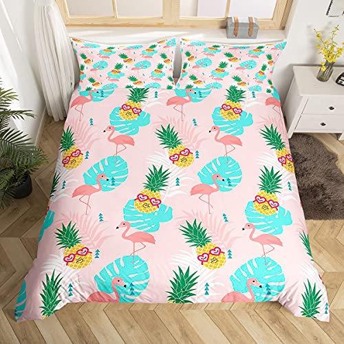 Homemissing Golden Pineapple Bedding Set for Kids Girls Boys Pink Flamingos Comforter Cover Tropical Animal Palm Leaves Duvet Cover Summer Natural Bedding & Linen Double Size