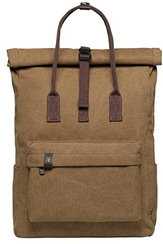 KAUKKO Retro Canvas Rucksack Damen Herren Vintage Rollup Daypack Handtasche mit Laptopfach 12 Zoll für Arbeit, Schul, Ausflüge, Uni, 42cm, 16L, Khaki-K1047-2