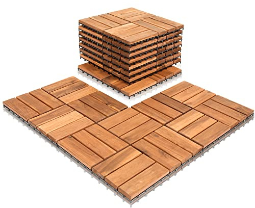 Cecaylie Lote de 33 baldosas de madera de acacia, 12 láminas de madera, 30 x 30 cm, 3 m², para balcón, jardín y terraza, se colocan de forma sencilla, rápida y práctica