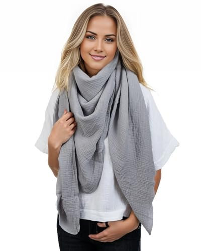 Scandi Linen Musselin Tuch Damen, Dreieckig Leicht (Einlagig), Halstuch, Schal, Grau