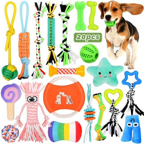 TEGOVE Juguetes para Perros,20 Pcs Juguete para Morder para Perro,Durable Masticable Cuerda,Juguetes Interactivos para Limpiar Los Dientes Adecuado para Pequeño y Mediano