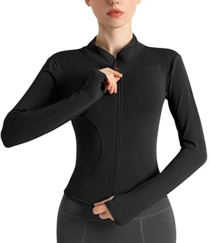 Sportshirt Damen Langarm, Yoga Langarm Crop Top, Sweatshirt Gym T-Shirt, Sportjacke Damen, Leicht Fitness Oberteil mit Daumenloch, Stehkragen Laufshirt mit Langer Reißverschluss