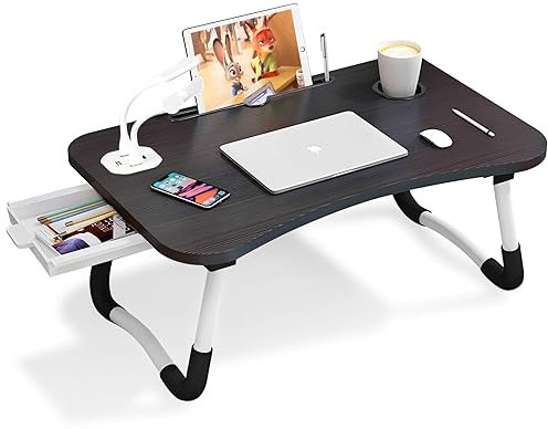 Warmiehomy Portable Laptop Table with Foldable Legs & Cup Slot, Foldable Laptop Table for Sofa,Lap top Bed Tray for Working on Bed with Small Fan, Small Lamp,Black