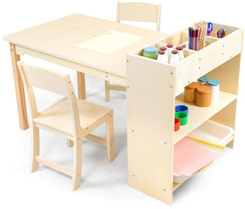Puecrof Kinder Kunsttisch und 2 Stühle Set, Birkenholz Kinderschreibtisch mit Stauraum, Aktivitätstisch für Basteln und Malen, 106x58cm