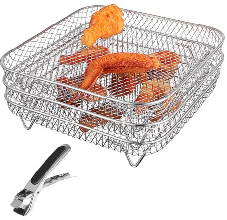 KITANDOVE Square Air Fryer Rack Tower Set of 3 Sturdy Stainless Steel Racks with Fine Mesh for Even Dehydration